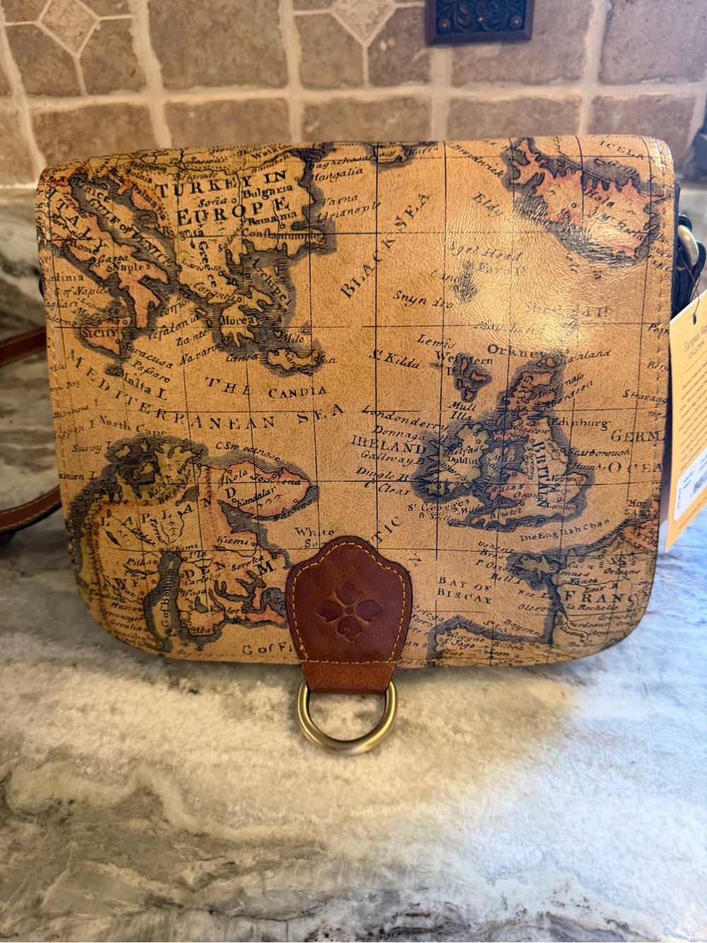 Patricia Nash Old World European Map Print Tan Crossbody Bag with Leather Trim